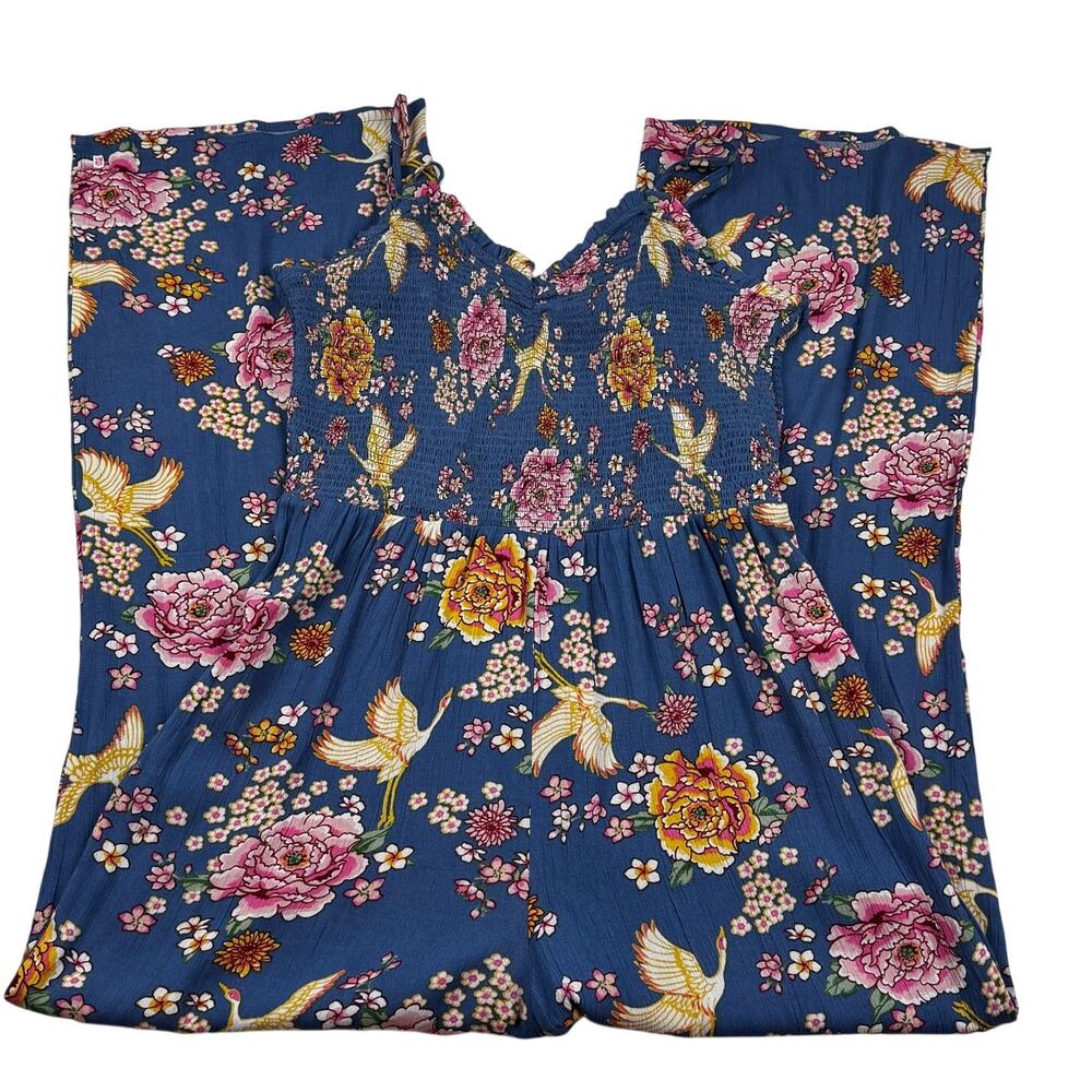 Derek Heart Floral Bird Romantic Feminine Boho Smocked Jumpsuit Women's Size XL